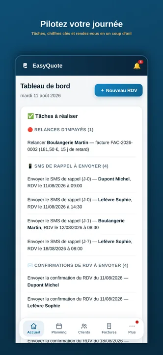Tableau de bord EasyQuote : tâches du jour, relances et rendez-vous