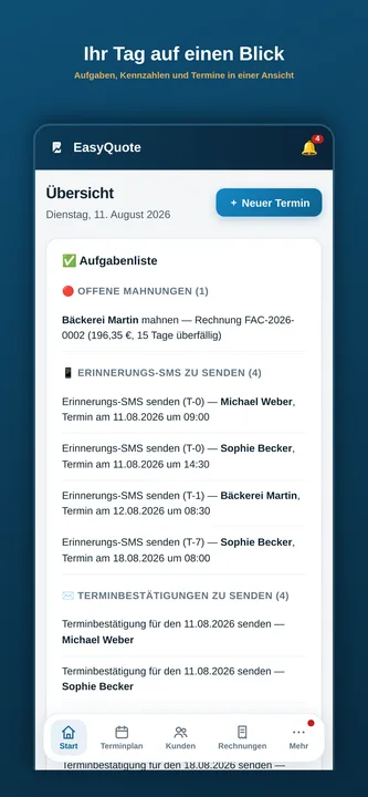 EasyQuote-Übersicht: heutige Aufgaben, Mahnungen und Termine