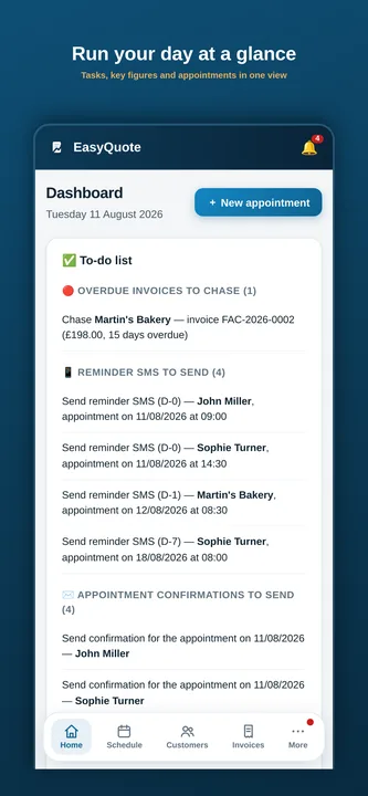 EasyQuote dashboard: today's tasks, reminders and appointments