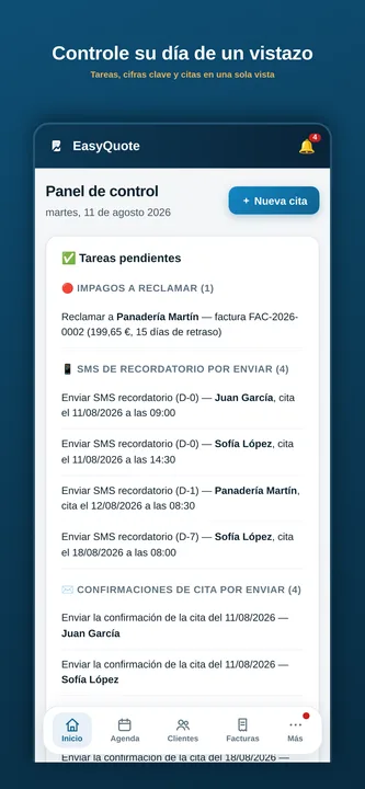 Panel de EasyQuote: tareas del día, recordatorios y citas
