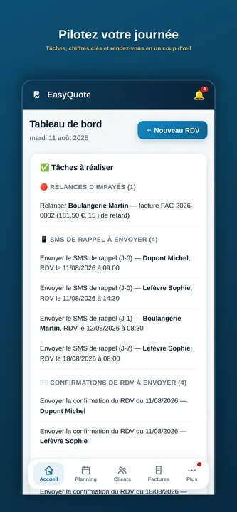 Tableau de bord EasyQuote : tâches du jour, relances et rendez-vous