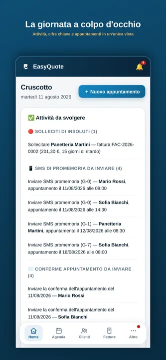 Cruscotto EasyQuote: attività del giorno, solleciti e appuntamenti