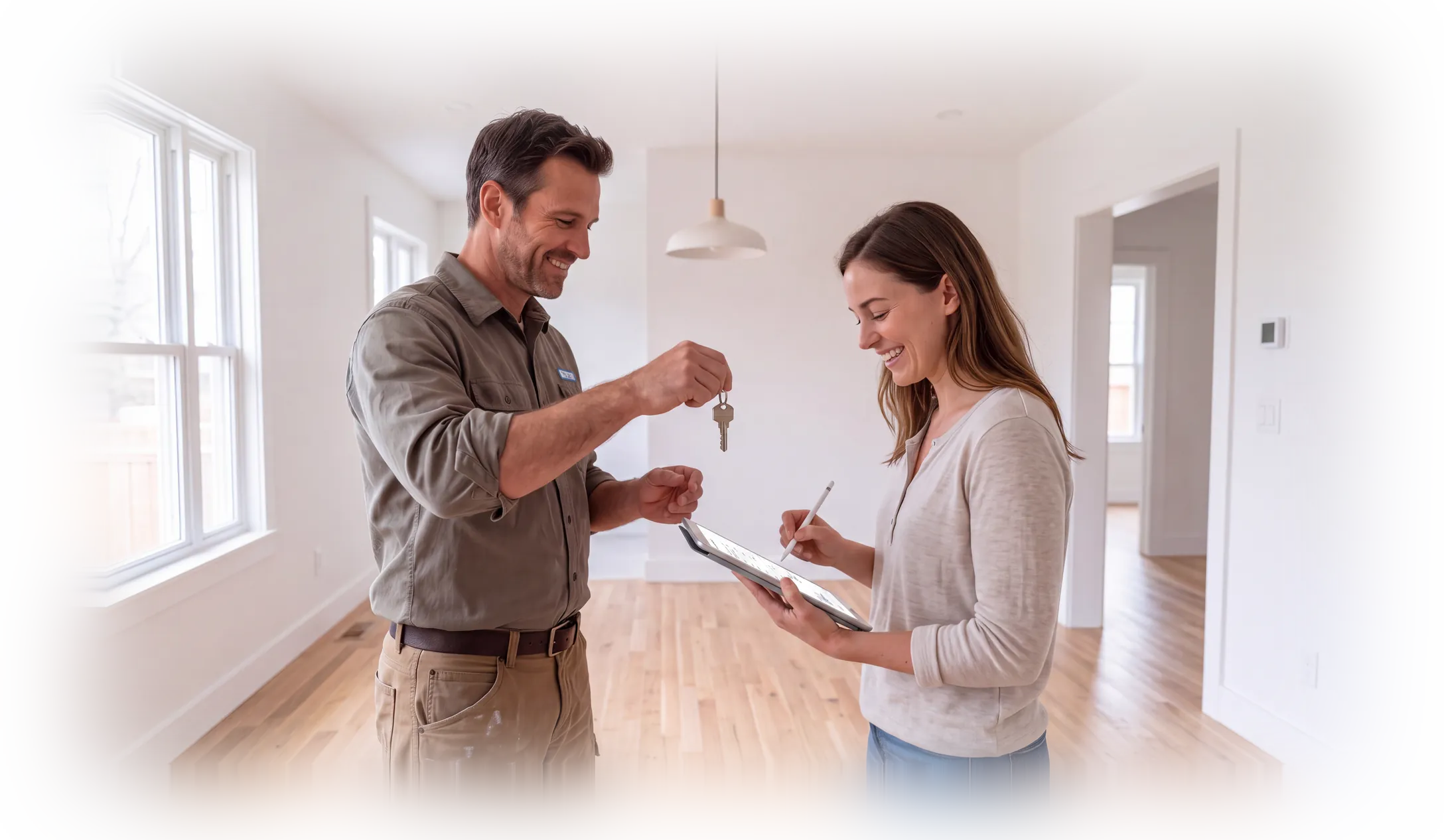 Un artisan remet les clés du logement pendant que sa cliente signe le document sur une tablette